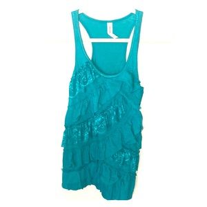 Teal racerback tank top with lace ruffles